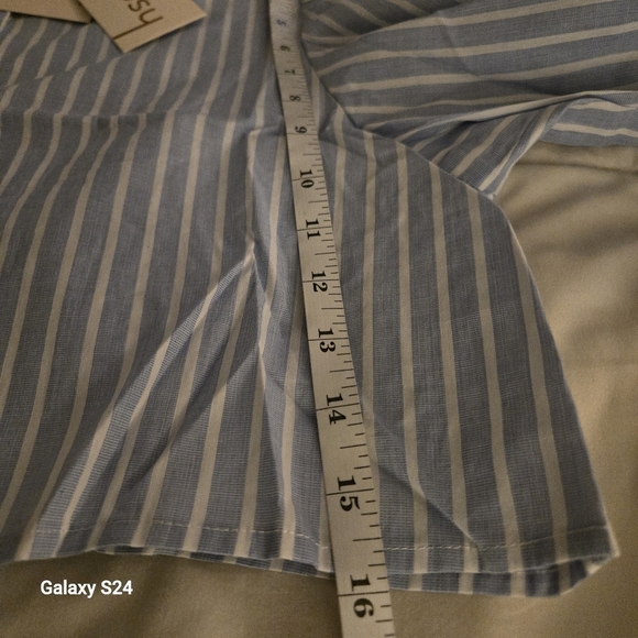 Blue&White Striped Croped Button Up Puff Sleeve 100% Cotton Blouse SZ XL - Picture 8 of 11